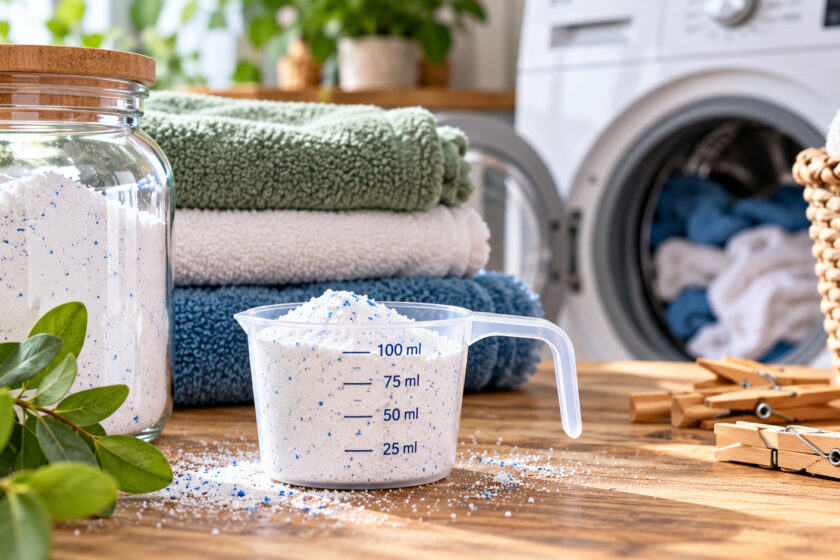 Messbecher mit Waschpulver vor einer Waschmaschine, daneben ein Vorratsglas mit Waschmittel und gefaltete Handtücher.